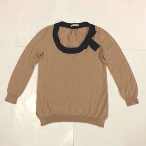 Prada 42 Sweater Tan Black Bow Scoop Neck Split hem Long Sleeve Vintage Excellen